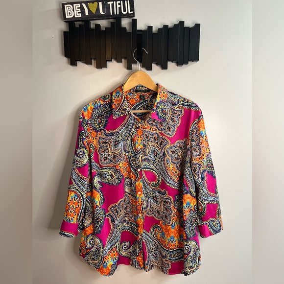 PINK Vibrant Paisley Cotton Sateen Shirt Top 2X - Picture 2 of 9